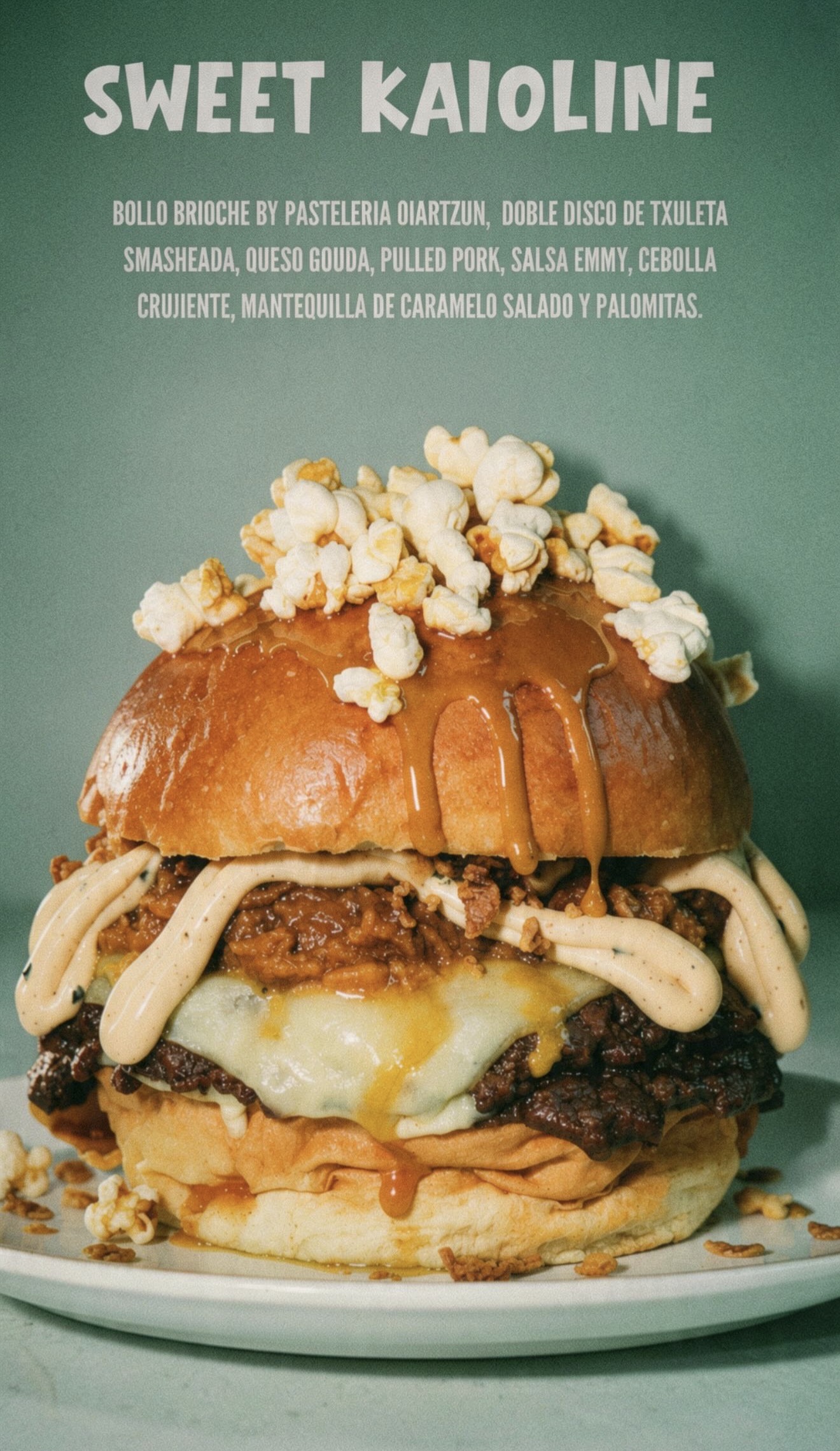 Sweet Kaioline, hamburguesa de KAI y Pastelería Oiartzun con palomitas y mantequilla de caramelo salado.